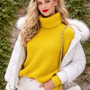 525 Chartreuse Chunky Rib Knit Turtleneck Sweater, S